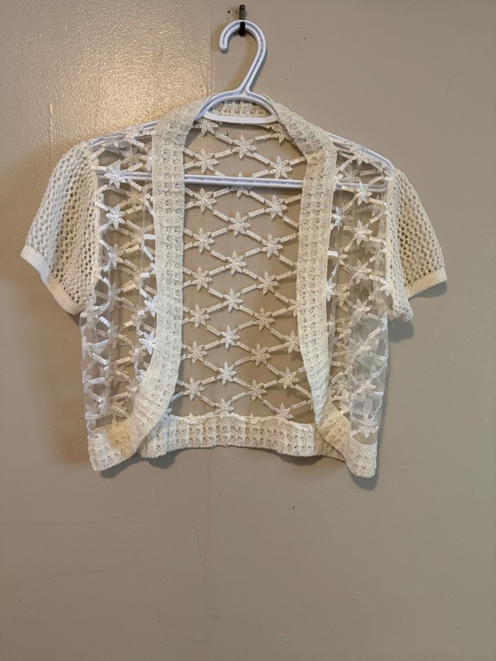 Women’s Cream Crochet Short Sleeve Open Cardigan Sweater